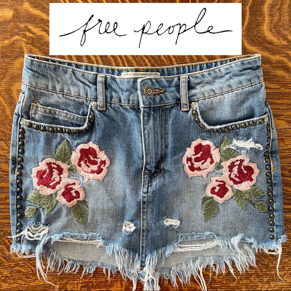 Free People Denim Miniskirt Floral Embroidered Distressed Skirt